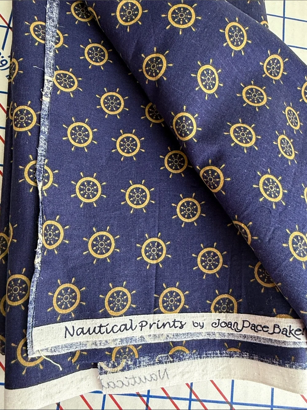 Vintage Joan Pace Baker Nautical Prints Cotton Fabric Ship Wheel Navy Gold